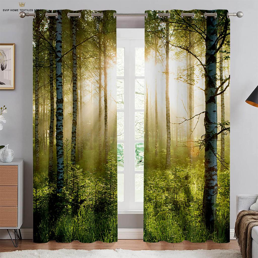 Autumn Forest Scenery Curtains, 3D Printed Curtains, Pastoral Style, Polyester Fiber, Bedroom, Living Room Decoration, 2 Pcs