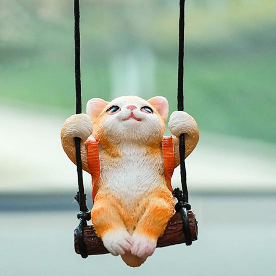 Resin Cat Pendant Swinging Kitten Hanging Figurine Car Rearview Mirror Decoration with Adjustable Lanyard Gift for Cat Lovers
