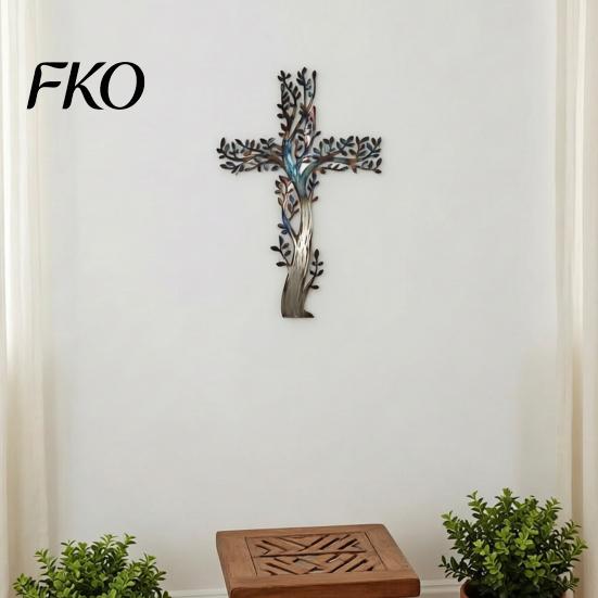 Artistic Cross Wall Hanging Metal Art, Tree of Life Crosses Iron Base Art Decor, for Garden Living Room Bedroom Hollow Branch Leaf Sculpture