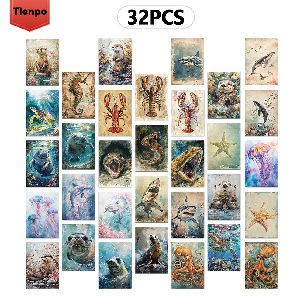 32pcs, Abstract Underwater Animal Postcard, Birthday/Anniversary Gift, Collectible, Suitable for Gift Giving, Can Be Mailed.