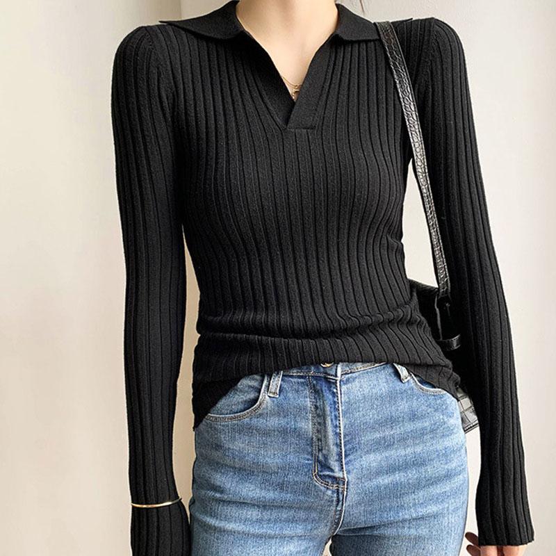 Autumn/winter Knitted T-shirt Women's Pullover Knit Sweater V-neck Polo Shirt Top Knitted Undershirt Women's Stretch Skinny Sweater Undershirt