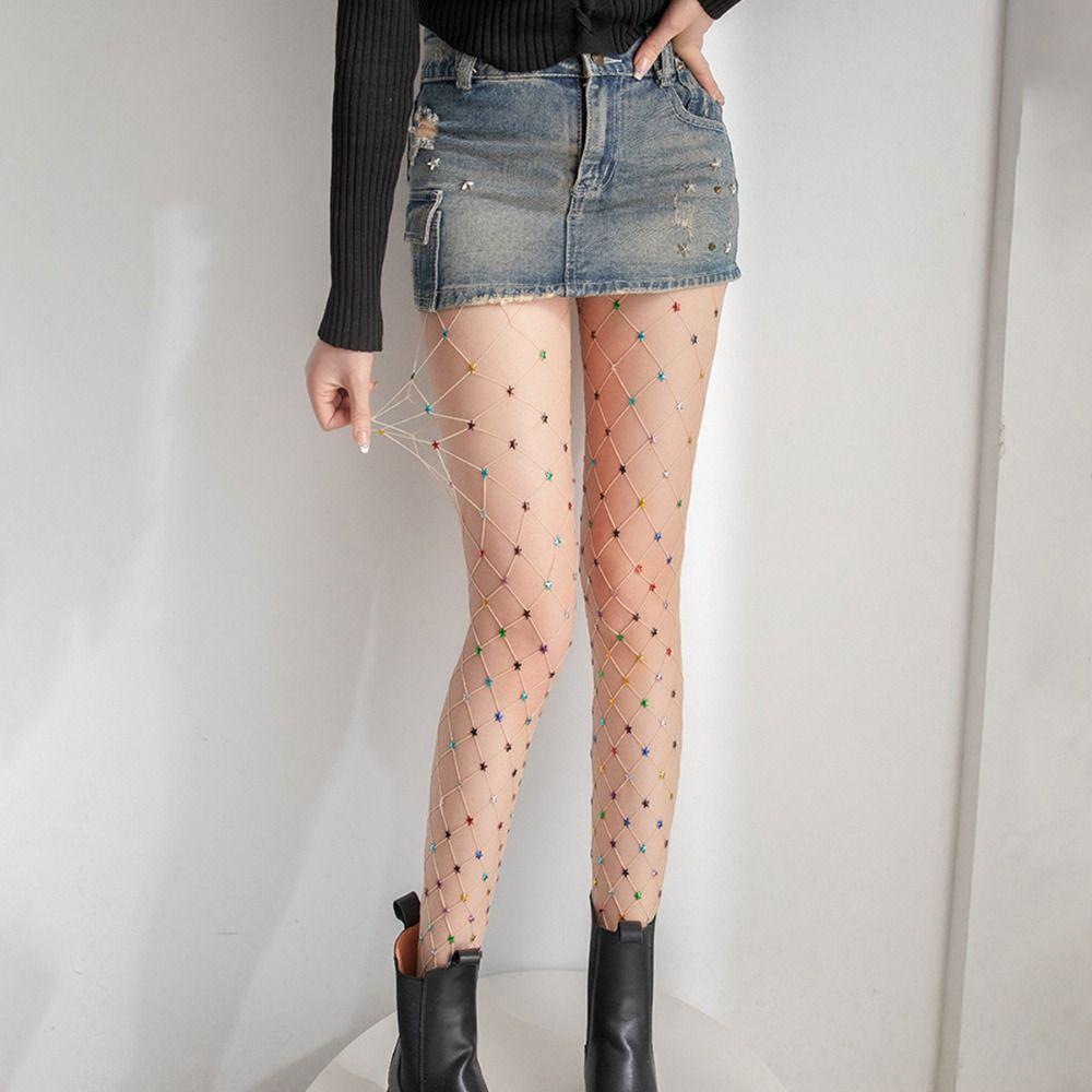 Star Accents Fishnet Pantyhose Sheer Mesh Stockings Sexy Party Hosiery Stage Performance
