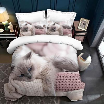 Милый пододеяльник с кошкой, 3D-рисунок кошки, набор из 3 предметов для детей и взрослых, постельное белье на молнии, 2 наволочки, ультратонкое волокно