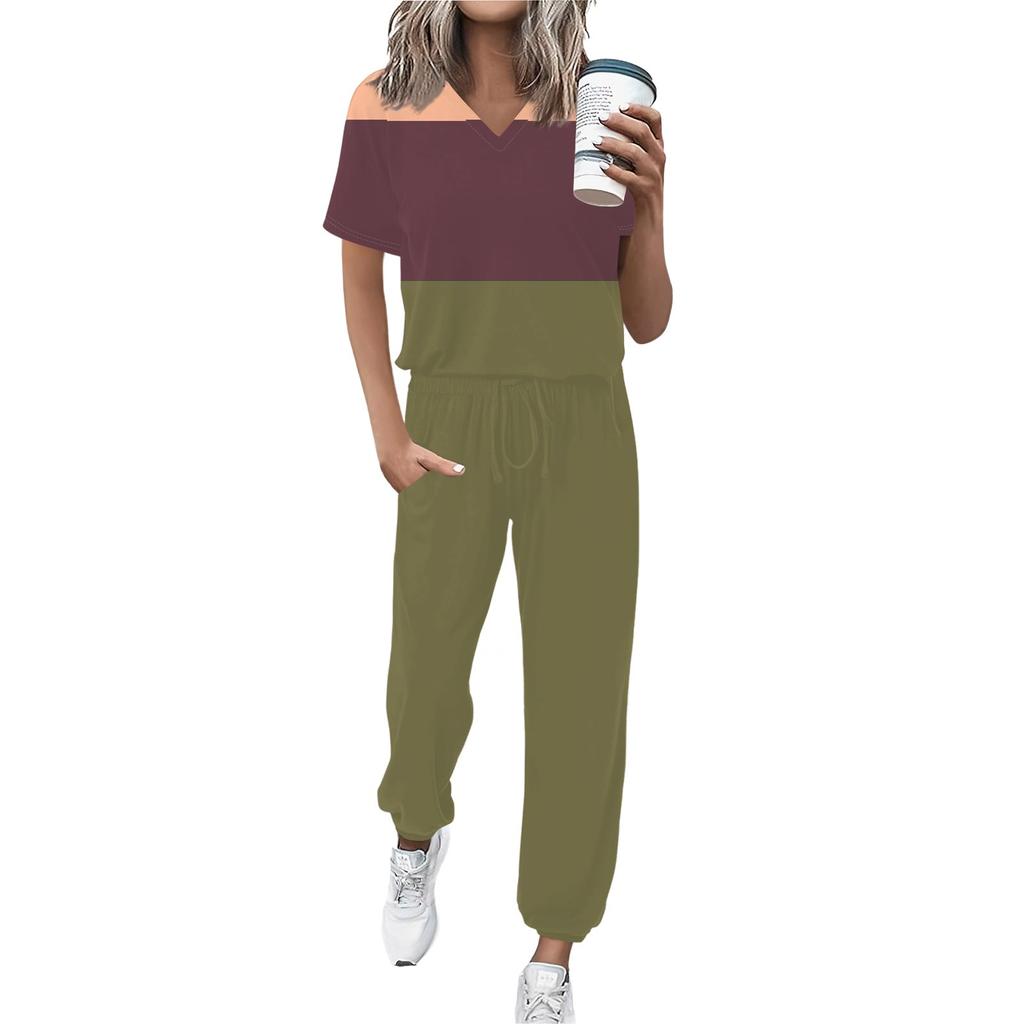 Женский спортивный костюм с V-образным вырезом и коротким рукавом, свободные брюки
