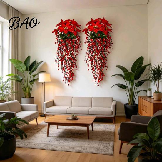 Artificial Floral Arrangement Christmas Poinsettia Hanging Garland, Silk Flowers with Red Berries DIY Ornament And Greenery, 85cm Outdoor Holiday