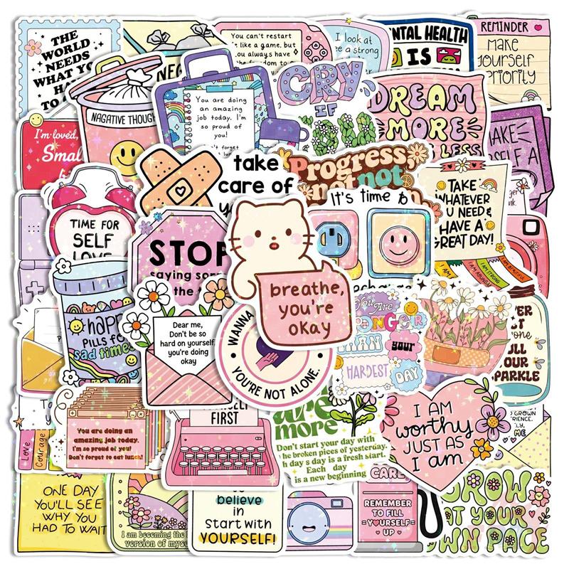 50Pcs/Set Funny Healing Phrase Series 01 Shiny Stickers DIY Fashion Waterproof Doodle Decals Stickers