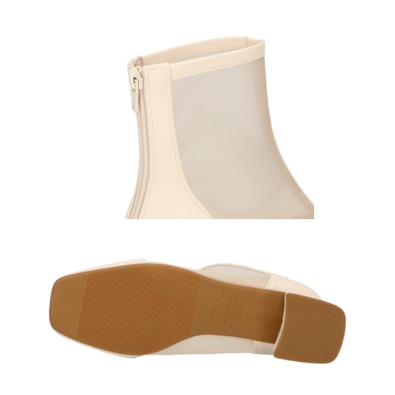 Короткие толстые квадратные удобные для ходьбы большие маленькие прозрачные БЕЖЕВЫЕ [Oriental Traffic] ботинки, ботинки, тюль, каблук, носок, женские, носить, в, размерах, размерах,