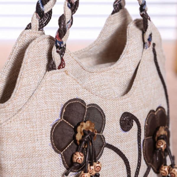 Yogodlns Модная женская сумка-тоут с цветочным принтом в национальном стиле, льняная сумка среднего возраста с верхней ручкой, дорожная женская сумка