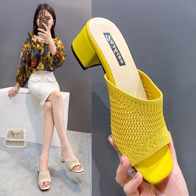 Крутые шлепанцы на среднем каблуке женские летние новые корейская версия вязаные мухи уличная одежда модные женские крутые шлепанцы