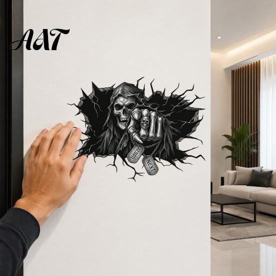 Window Display Decal Grim Reaper Wall Sticker, 3D Breaking Through Art Decal, Removable Sticker Scary Skull Mural for Home Bar Pub Halloween