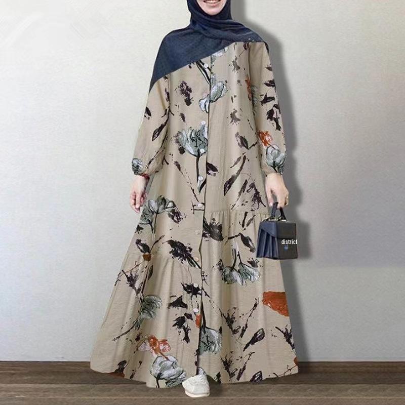 Retro Floral Print Long Sleeve Loose Dress - European & American Style 2024