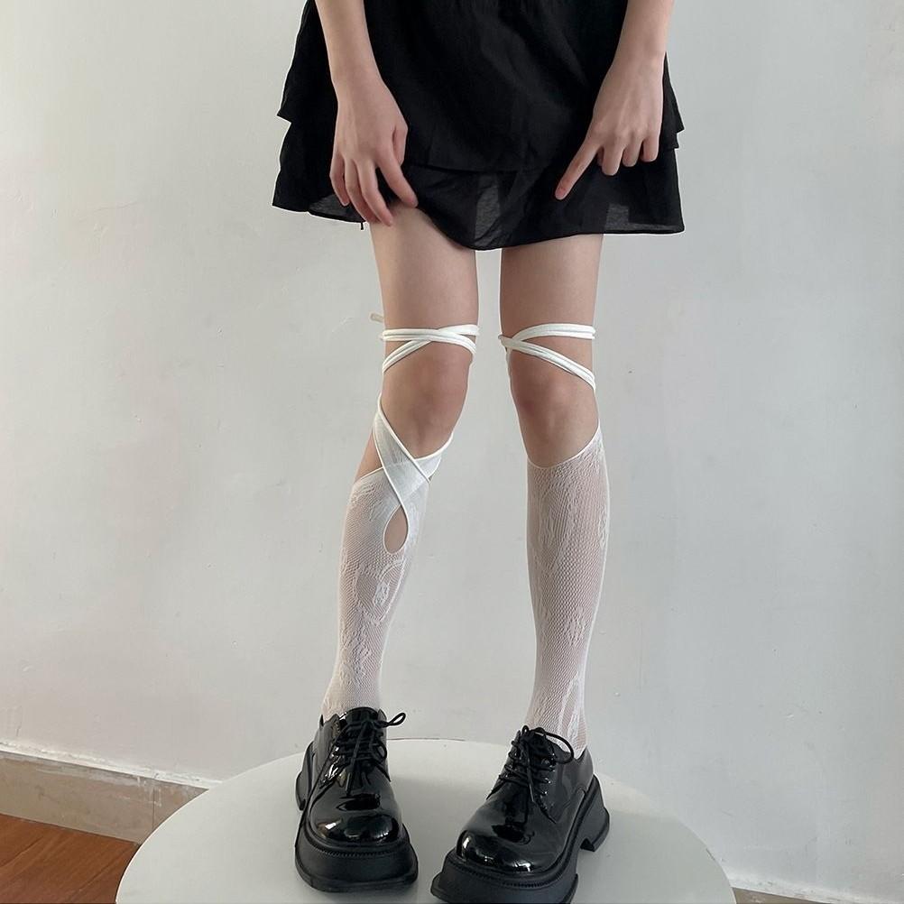 Lolita Ik Hollow Socks Women'S Spring And Summer Thin Sweet Medium Tube Socks Double Lace Bow Calf Socks