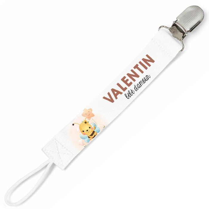 Planetee Attache tétine pour prénom VALENTIN bébé d'amour abeille garçon | Attache sucette cadeau naissance