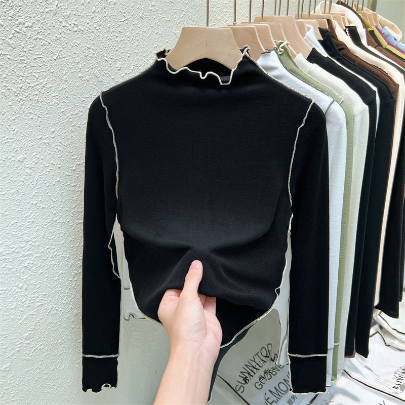 Осенне-зимняя футболка с высоким воротником и бархатной подкладкой в немецком стиле с деревянным краем ушка, модный топ