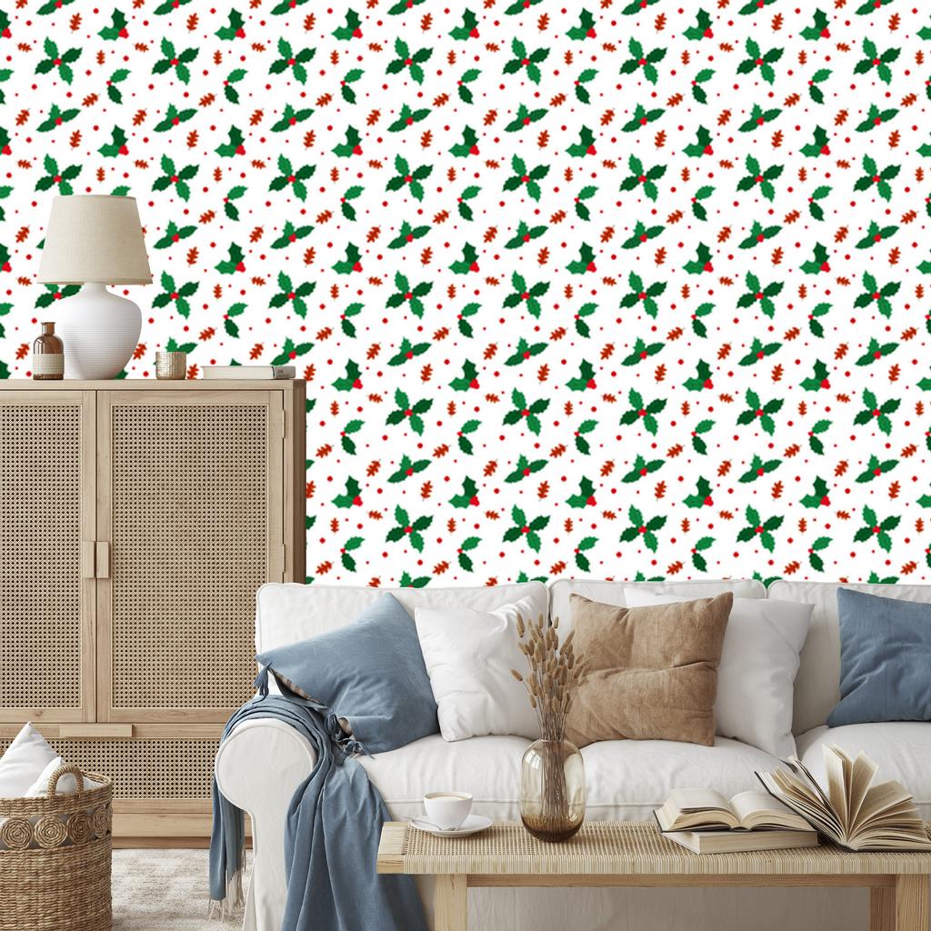 Christmas Wallpaper White, Green and Coral for Living Room and Bedroom 50x1000