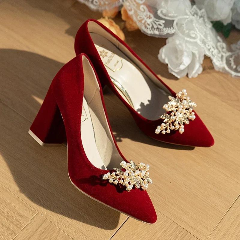 Fashion Spring/Summer/Autumn Wedding Shoes Women's Thick Heels 2024 New Bride Red Suede Wedding Shoes