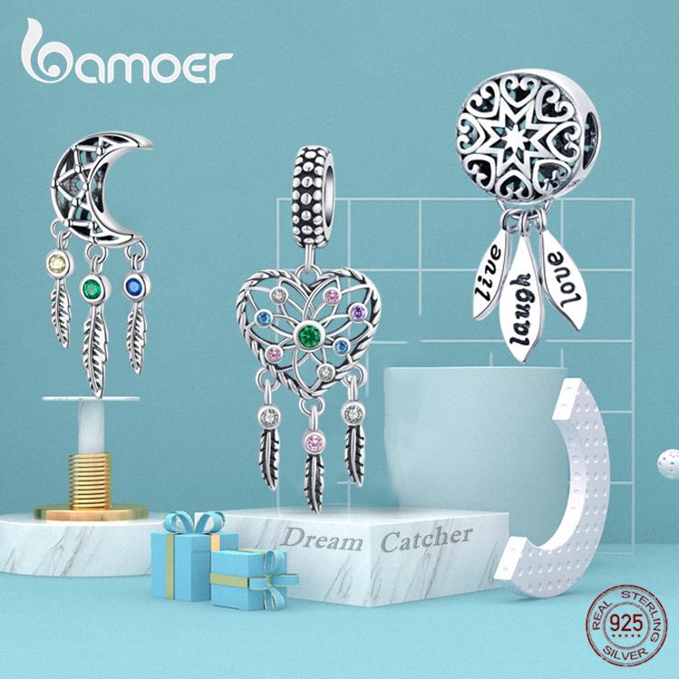 BAMOER Bohemian Style Dream Catcher 925 Sterling Silver Bead for Jewelry Making Feather Tassel Charm
