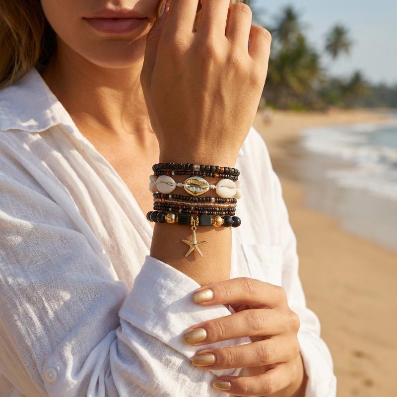 Boho Rice Beads Starfish Pendant Bracelets For Women Summer Ocean Beach Shell Charm Multilayer Bracelet Set
