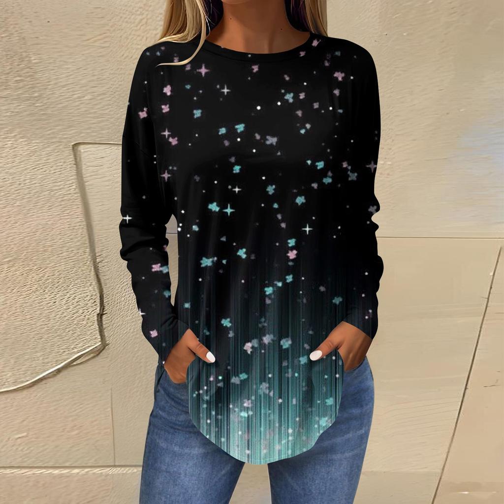 Женская свободная футболка с длинным рукавом с круглым вырезом и принтом, верхний пуловер