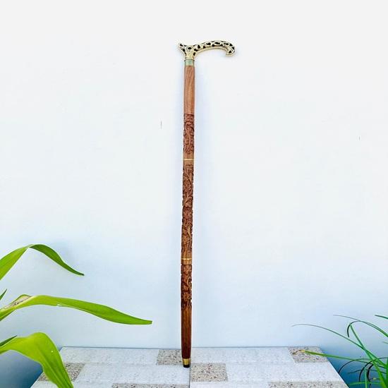 91.44 Cm Victorian Engraved Royal Walking Stick, Brass Flower Head with Wooden Engraved Walking Cane, Gifts For Him, Christmas Gift