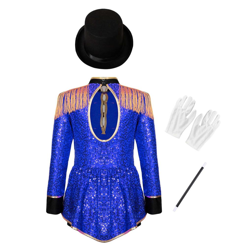 4Pcs Kids Girls Ringmaster Circus Magician Drummer Cosplay Costume Sequins Bodysuit with Hat Gloves Wand Set Halloween Circus Costume