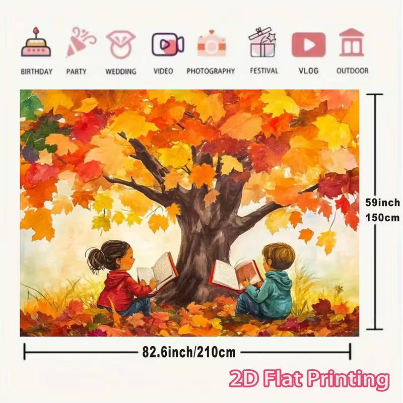 2D Autumn Reading Kids Backdrop, Fall Tree Book Scene Wall Hanging