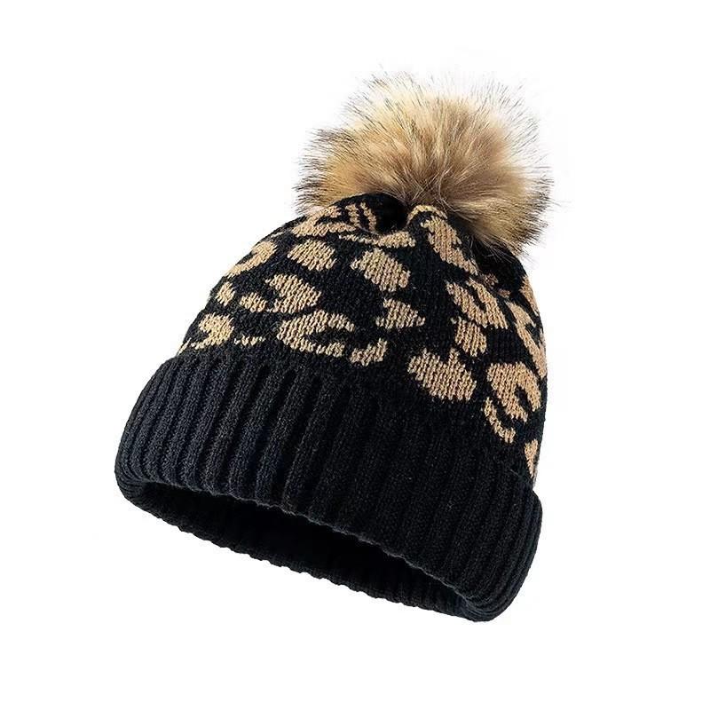 Women S Autumn Winter Thick Knit Hat Leopard Print Cuffed Pom Pom Fashion