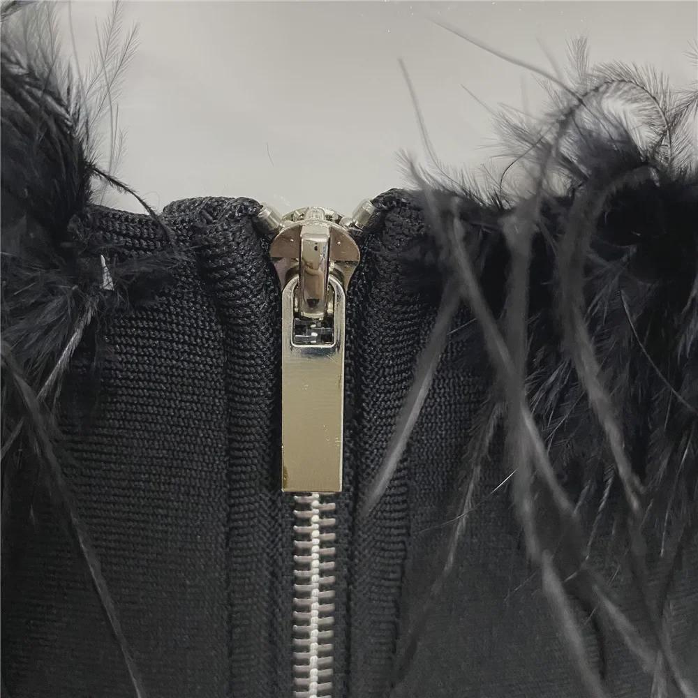 «Сексуальное платье-бандаж миди с разрезом и перьями в стиле знаменитостей из Европы и Америки с бриллиантами»