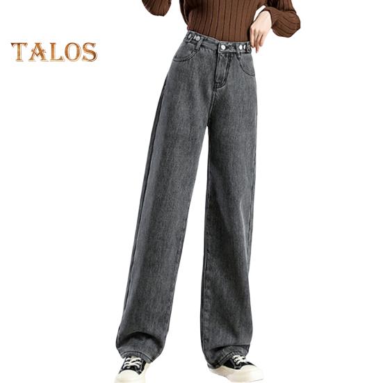 Женские зимние джинсы с высокой талией, застежкой-молнией, подкладкой из толстого бархата, свободным кроем, карманами, прямыми широкими штанинами, повседневными длинными брюками