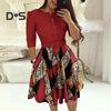 Ladies Dress Zipper Decor Belted Tight Waist Color Matching Print Round Neck Pockets Three Quarter Sleeve A Line Loose Hem Spring Fall Mini Dress