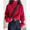 Design Sense Half-turtleneck Ladies Zipper Red Sweater, Spring and Autumn New High-waisted Sweater Loose and Thickened 6974#