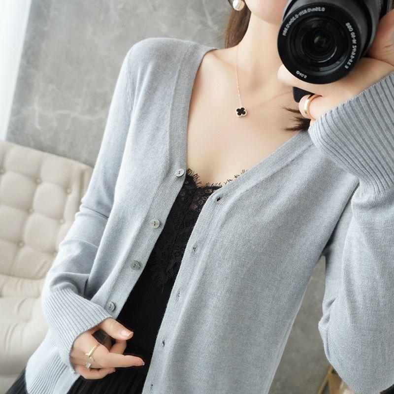 Женский вязаный кардиган с v-образным вырезом, свободный тонкий свитер больших размеров, универсальная куртка, однотонные базовые маленькие кардиганы на весну и осень