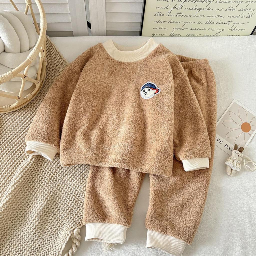 Детский велюровый пижамный комплект в корейском стиле для осени/зимы - Теплый, двусторонний для мальчиков и девочек