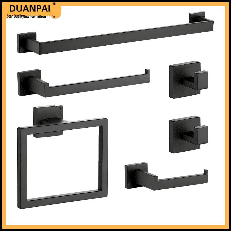 Black Bathroom Hardware Set: Towel Bar, Toilet Paper Holder, Towel Ring, Coat Hook, Storage Rack
