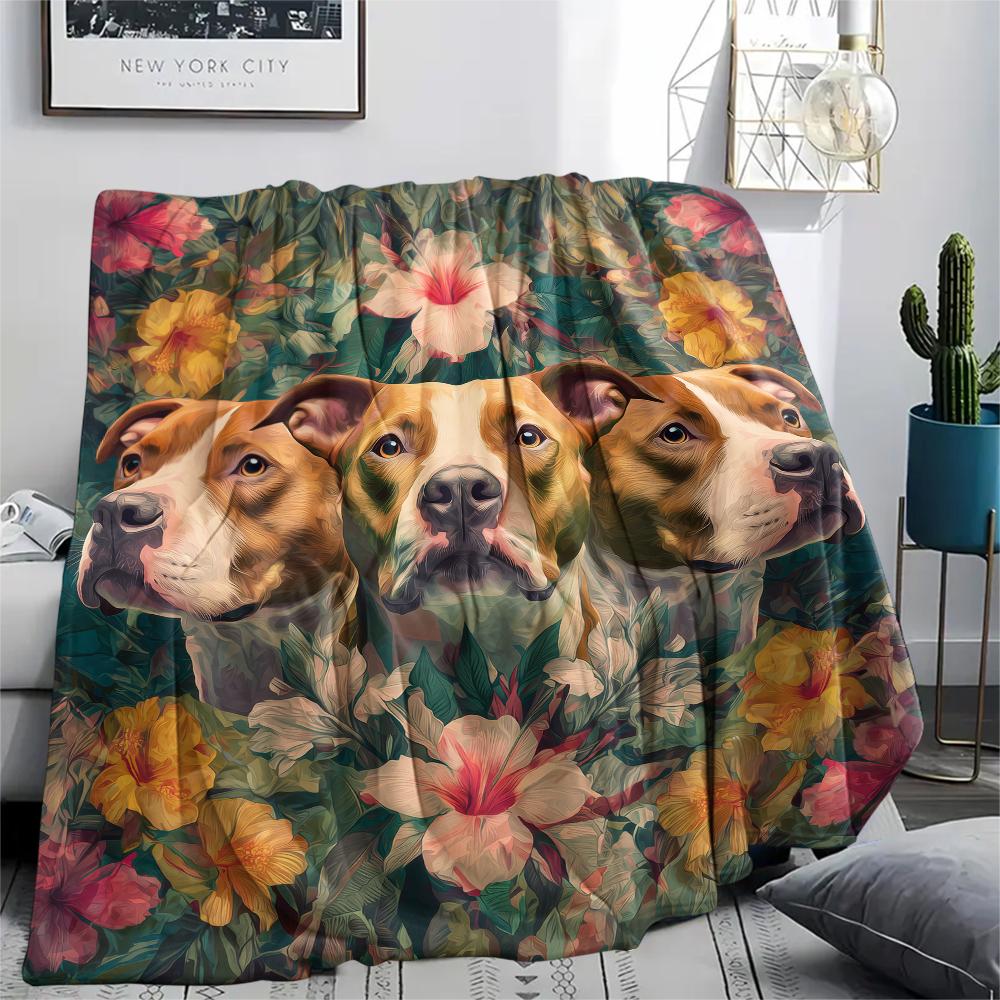 Pitbull and flowers,pattern Flannel Blanket, High quality Comfortable for All Seasons, Home Decor, Warmth and Comfort, Perfect for Gifts.