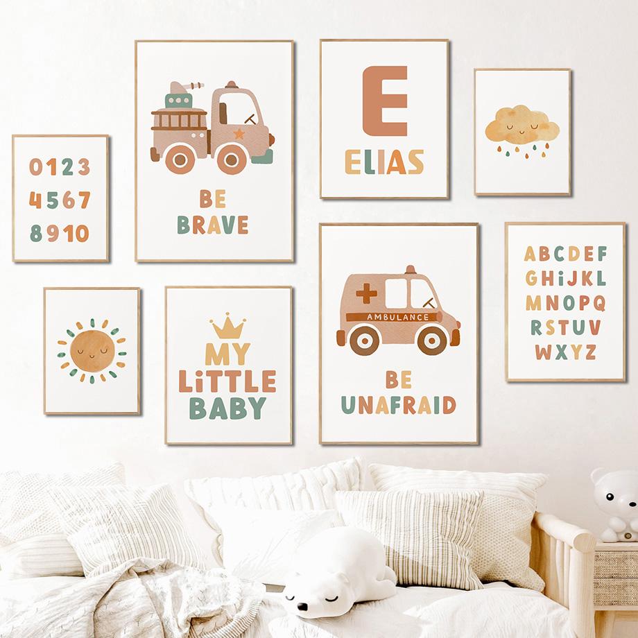 Радуга Облако Алфавит Цифра Пожарная Машина Машина Скорой Помощи Плакаты И Принты Холст Картины Настенные Картины Декор Детской Комнаты