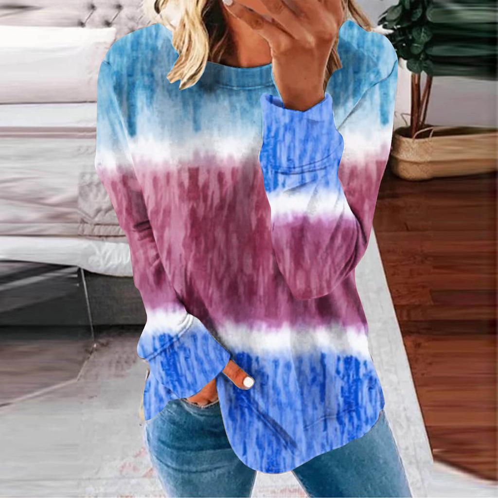 Women's Top Autumn Winter Stripe Tie-dye Print Sweatshirts Long Sleeved O Neck Gradient Hoodies Female Casual Tops