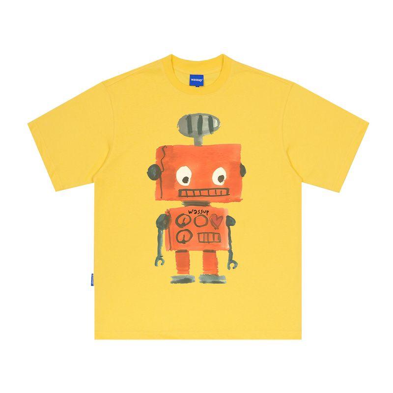 Wassup Robot Retro Simple Short-Sleeved T-Shirt for Men and Women Loose Casual Summer Heavy Cotton Round Neck Top