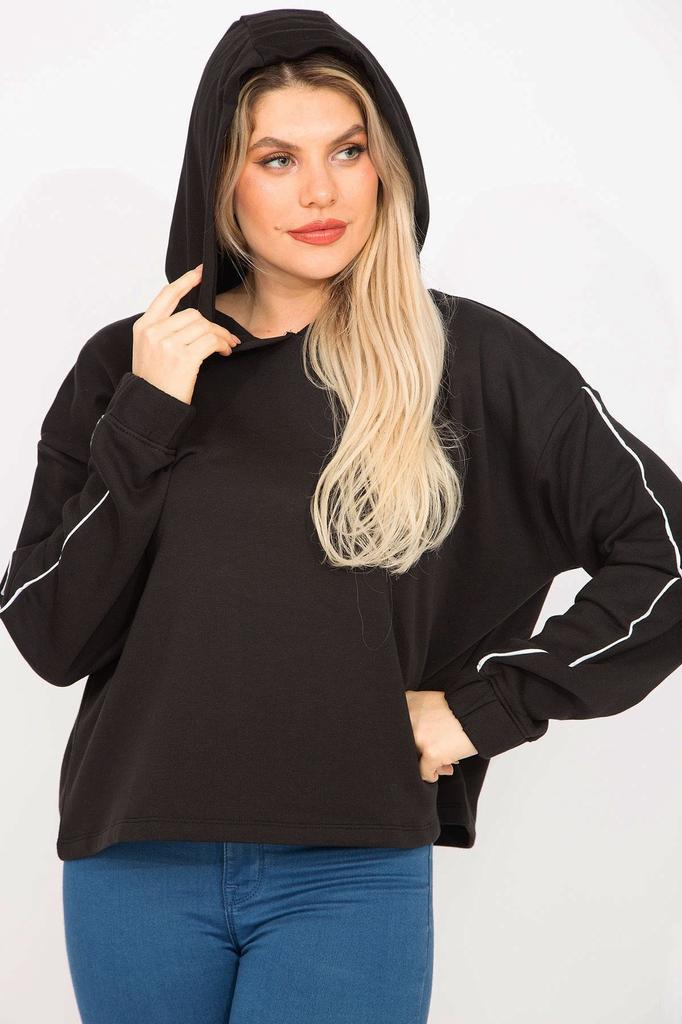 Women's Style Big Size Sweatshirt Large Size Black Sleeves Hooded Sweatshirt With Piping Detail