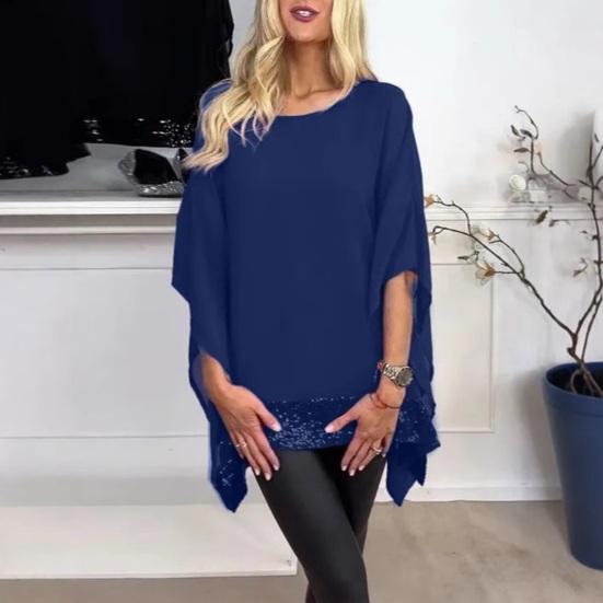 Женские топы с пайетками и нерегулярным дизайном, свободные шаль-пуловеры, топы с круглым вырезом и рукавами «летучая мышь»
