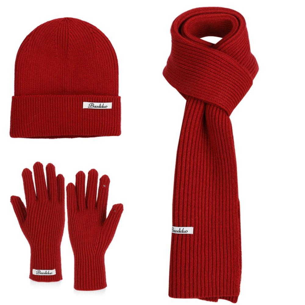 Solid Color Hat Scarf Gloves Set Warm Winter Beanie Hat Neck Protector Thermal Knit Cap  Skiing