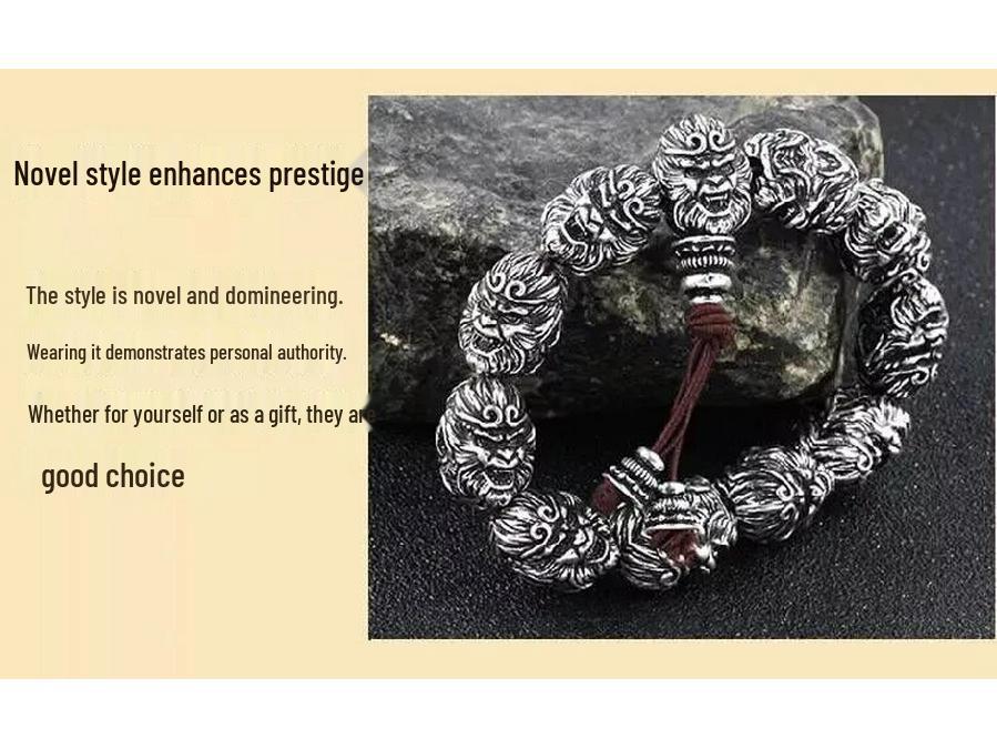 Black Myth Wukong Men's Retro Monkey Head Bracelet - Imitation Thai Silver Beaded Jewelry