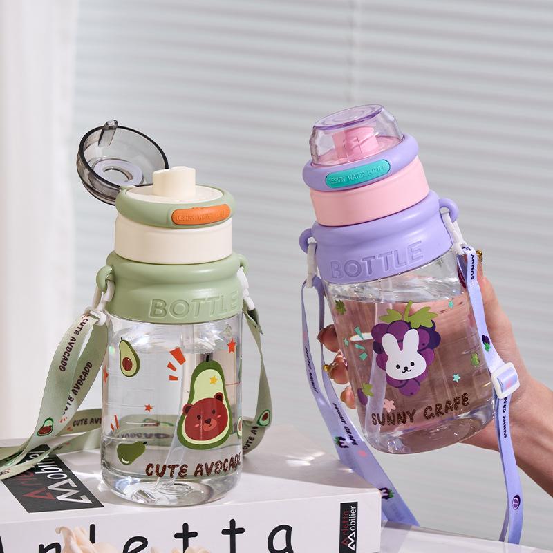Water bottle summer strap anti-drop portable plastic cup high value cute children's straw cup student school special water cup