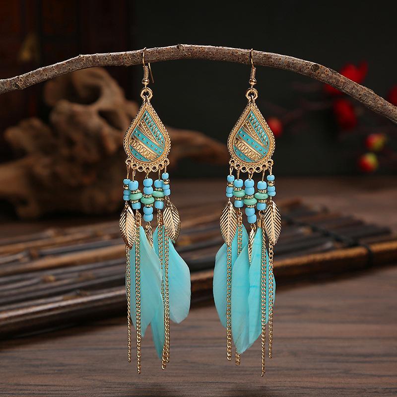 High-Value Feather Earrings Bohemian Long Tassel Photo Women'S Ear Hooks Personalized Earrings
