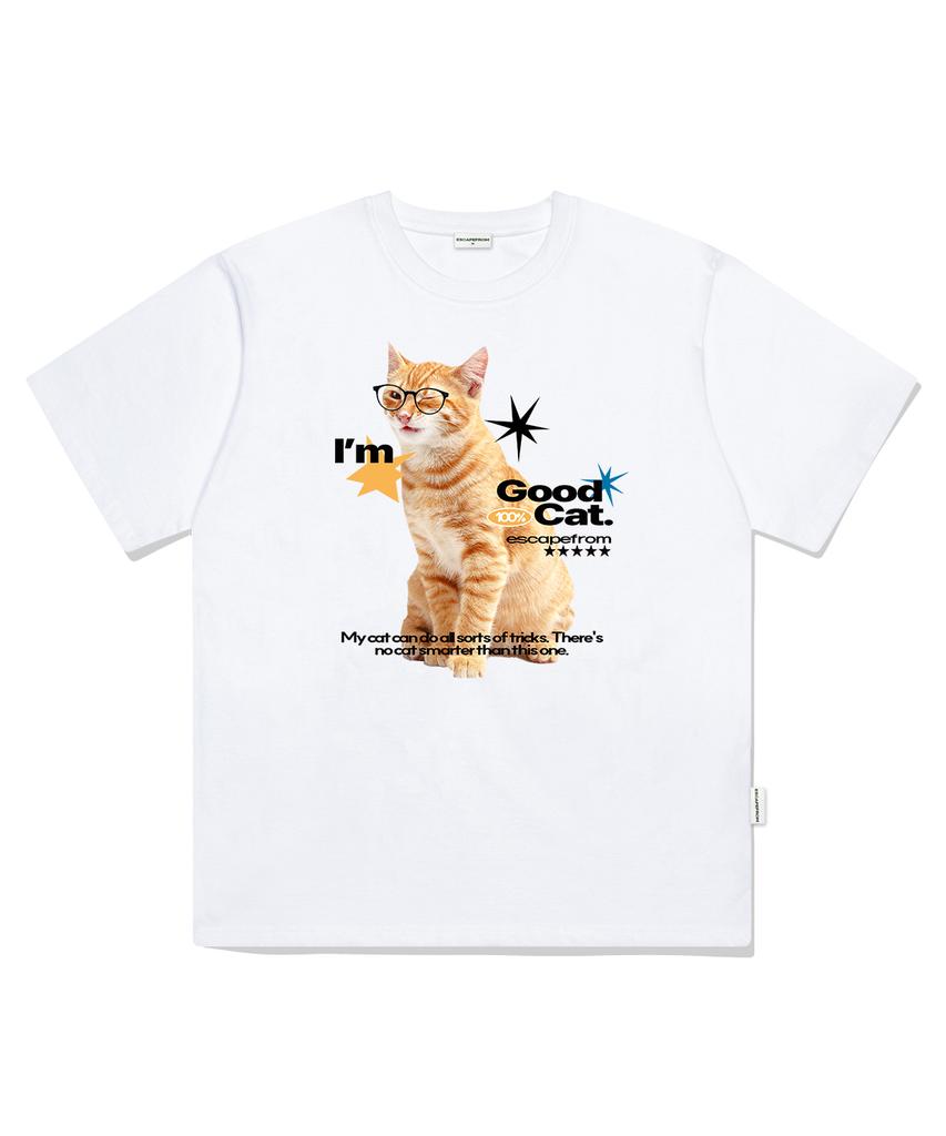 ESCAPEFROM Glass Cat Print Oversized Short Sleeve T-Shirt White