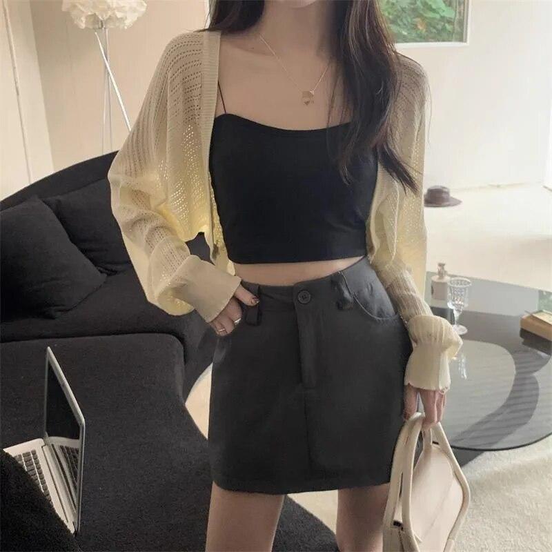 White Hollowed Out Knitted Cardigan Sweet Versatile Women Short Top Loose Shawl Thin Coat New Fashion Commuting Spring Autumn