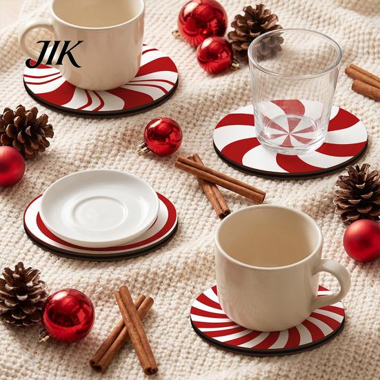 Small Christmas Gift for Friends 4Pcs Red White Spiral Wooden Coasters, Round Peppermint Candy Drink Kitchen Tabletop Protection Heat?Resistant Cup