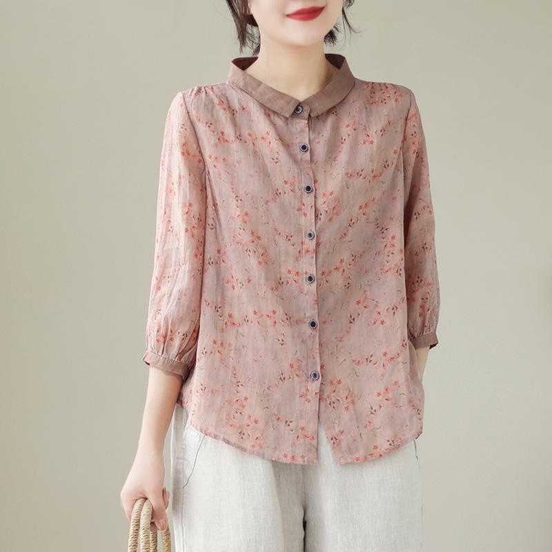 Lightweight Breathable Artistic Loose Printed Spring Summer Thin Style Seven Quarter Sleeved Round Breasted Shirt for Women Blouses & Shirts