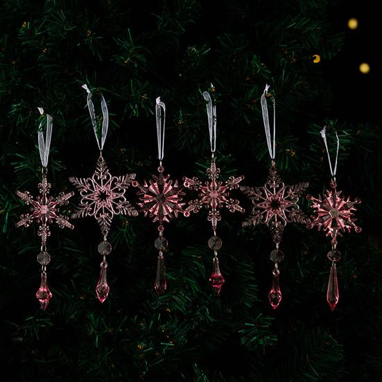 6 Pcs Acrylic Crystal Christmas Ornament Sparkling Clear Snowflake Hanging Ornaments with Drop Pendants for Xmas Tree Decoration