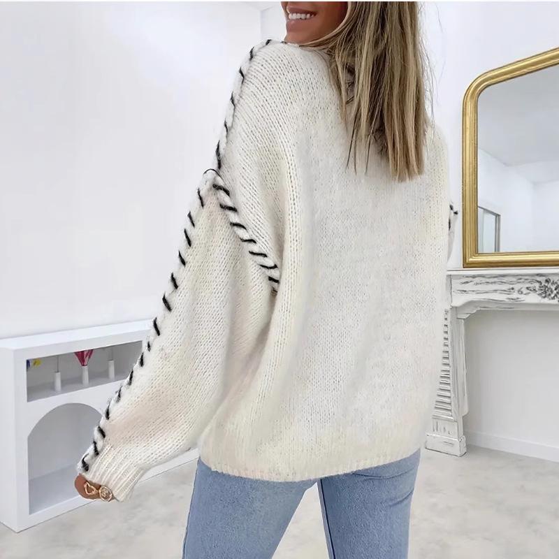 Women's Loose Casual Solid Color Round Neck Pullover with Drawstring Design – Slimming Long Sleeve Knit Sweater